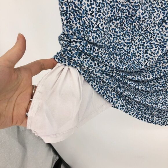 LOFT Light blue white dotted side gather short sleeve rayon midi sheath dress L - Picture 9 of 14